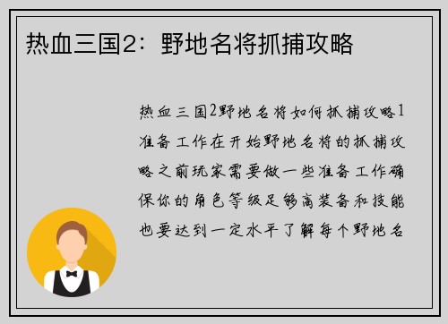 热血三国2：野地名将抓捕攻略